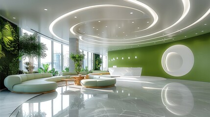An open space office with a light green and white ceiling, circular seating areas for collaborative...