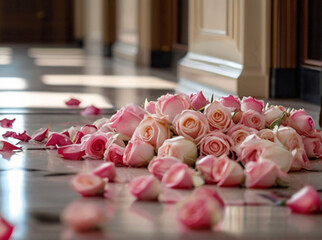 Fototapeta na wymiar Beautiful bouquet of pink roses left on the floor, relationship difficulties, rejections, divorce, break up concept. 