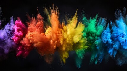 A vibrant display featuring a garland banner of colorful rainbow holi paint powder exploding against a dark, panoramic black background, encapsulating a festive and peaceful party concept