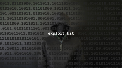 Cyber attack exploit kit text in foreground screen, anonymous hacker hidden with hoodie in the blurred background. Vulnerability text in binary system code on editor program. - obrazy, fototapety, plakaty