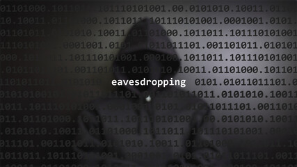 Cyber attack eavesdropping text in foreground screen, anonymous hacker hidden with hoodie in the blurred background. Vulnerability text in binary system code on editor program. - obrazy, fototapety, plakaty