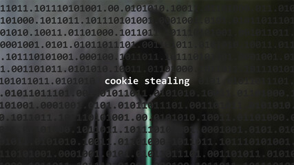 Cyber attack cookie stealing text in foreground screen, anonymous hacker hidden with hoodie in the blurred background. Vulnerability text in binary system code on editor program. - obrazy, fototapety, plakaty