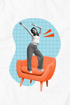 Vertical photo collage of happy dreamy girl stand armchair dance headphones leisure relax sound listen music isolated on painted background