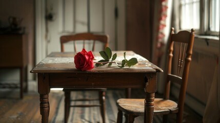 Single Red Rose on an Old Wooden Table Signifying Lost Love - obrazy, fototapety, plakaty