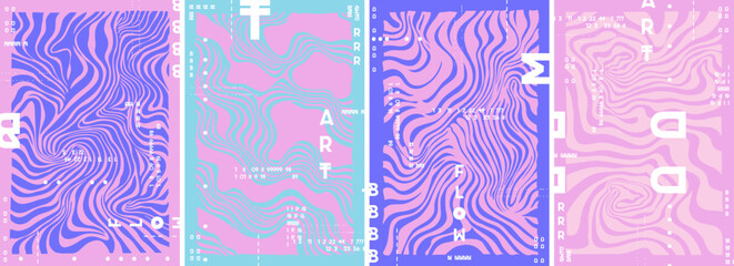 4 pastel-colored vertical banners in a vector, minimalistic style, using simple shapes, fluid lines, wavy patterns, lines, and waves in pink, blue, and purple colors.