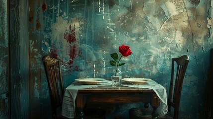 Solitary Red Rose on Weathered Table in a Dilapidated Room