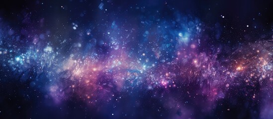 The sky resembles a galaxy with a myriad of purple, violet, and electric blue stars. Its a beautiful pattern of astronomical objects in shades of magenta, surrounded by gas and water - obrazy, fototapety, plakaty