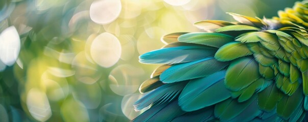 Close-up of colorful bird feathers with sunlight - obrazy, fototapety, plakaty