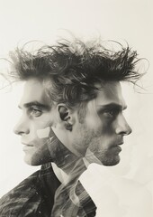 Paintography. Meditative portrait of attractive man combined with watercolor drawing