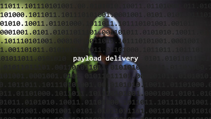 Cyber attack payload delivery text in foreground screen, anonymous hacker hidden with hoodie in the...