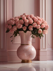 Beautiful pink roses flower arrangement in the elegant luxury home - 763231533