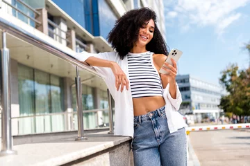 Foto op Plexiglas Graffiti collage Photo of stunning lovely girl wear stylish crop top reading sms chatting with friends waiting for meeting in cafe outside