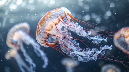 Jellyfish swimming in the ocean with a bokeh background - obrazy, fototapety, plakaty