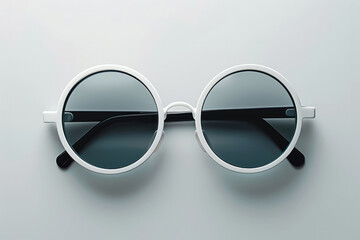 A pair of sunglasses with a black frame and a white lens. round white sunglasses, no background, close-up - obrazy, fototapety, plakaty