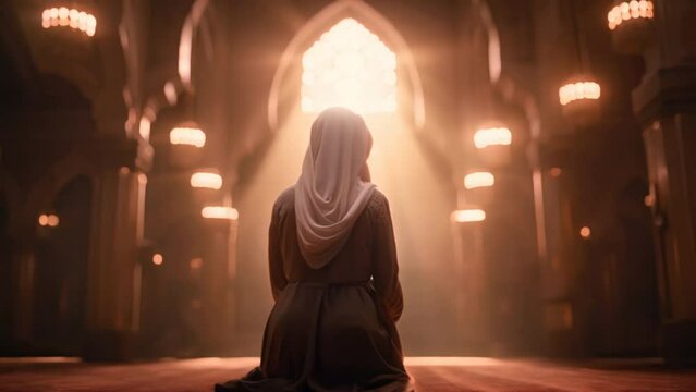 Religious Muslim woman praying in a church