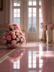 Beautiful pink roses flower arrangement in the elegant luxury home - 763231737