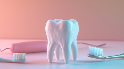 Fototapeta na wymiar Dental Healthcare Concept with Minimalist Tooth and Dental Hygiene Tools