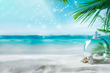 Copy Space, Background, Summer, A tranquil beach scene with a clear glass orb nestled in the sand, inviting a serene space for text amidst tropical elegance
