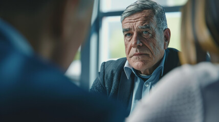 Elderly man in thoughtful repose, expressing deep concern in a serious conversation.