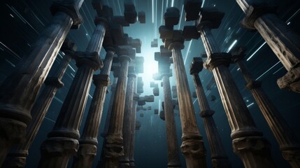 Surreal dreamscape with Doric column floating structures create otherworldliness - obrazy, fototapety, plakaty
