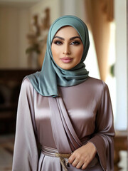 Portrait of gorgeous stylish Muslim woman in her living room	 - 763232139