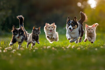 A fun group of dogs and cats playing, A cute funny group of dogs and cats running towards the