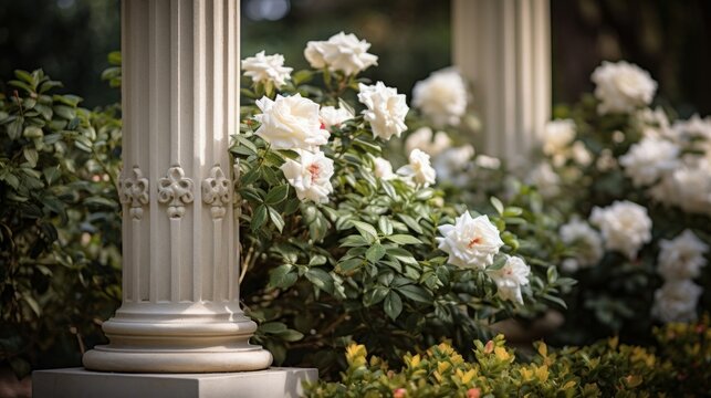 Serene garden centered by Doric column beauty in hedges and blooms