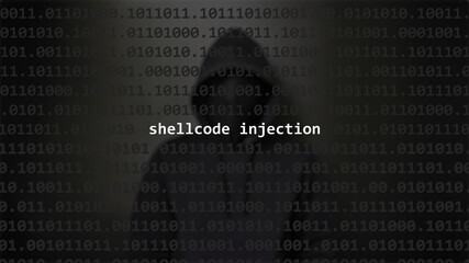 Cyber attack shellcode injection text in foreground screen, anonymous hacker hidden with hoodie in the blurred background. Vulnerability text in binary system code on editor program. - obrazy, fototapety, plakaty