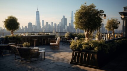 Fototapeta premium Rooftop bar in 1920s style plush seating and panoramic city views