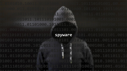 Cyber attack spyware text in foreground screen, anonymous hacker hidden with hoodie in the blurred background. Vulnerability text in binary system code on editor program.