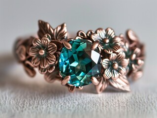Fototapeta premium A copper and teal blue ring with leaves vines flowers. Green emerald fashion engagement diamond ring. Luxury female jewellery, close-up. Selective focus