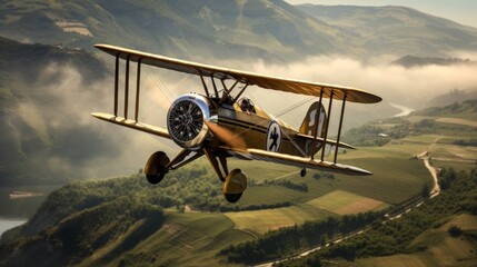 1920s biplane over countryside pilot in goggles does aerial tricks