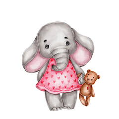 Cute elephant girl with teddy bear; watercolor hand drawn illustration