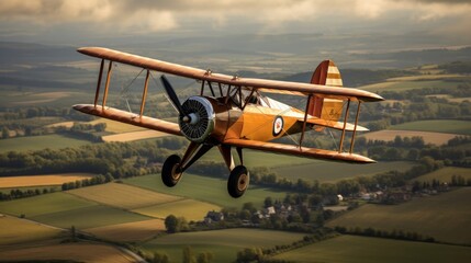 Daredevil pilot in 1920s biplane countryside aerial stunts showcased - obrazy, fototapety, plakaty