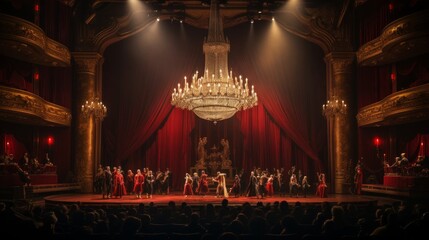 1920s opera house red curtains chandelier performers on stage - obrazy, fototapety, plakaty