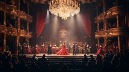 Grand opera performance in 1920s elegant stage red velvet ambiance