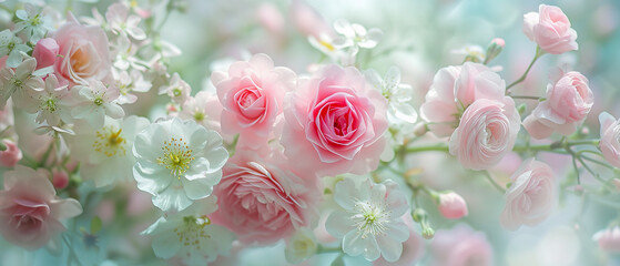 A bouquet of pink flowers with a blue background. Concept of beauty and tranquility