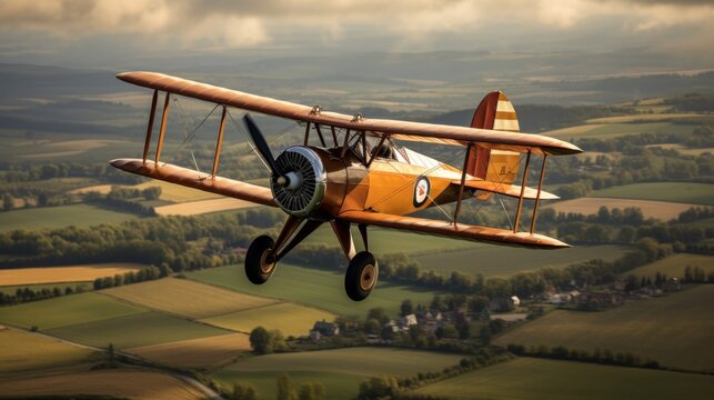 Daredevil pilot in 1920s biplane countryside aerial stunts showcased