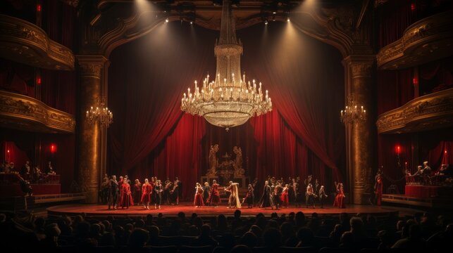 1920s opera house red curtains chandelier performers on stage