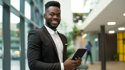 Fototapeta na wymiar smiling businessman in modern office using a tablet, portrait of a black businessman 