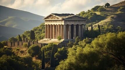 Ancient Greek temple on lush hillside Doric columns intricate friezes - obrazy, fototapety, plakaty