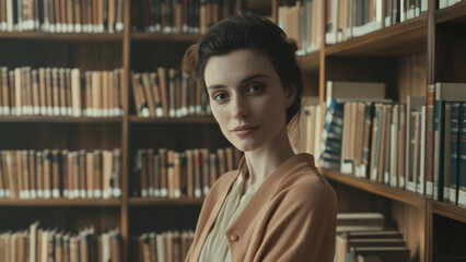 Elegance in the library: a young woman in a cozy cardigan surrounded by shelves of books.