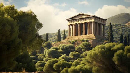 Nestled Greek temple Doric columns support adorned pediment - obrazy, fototapety, plakaty