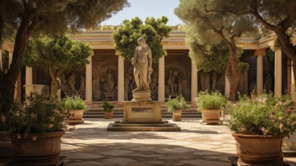 Serene Greek temple courtyard mythological statues olive trees