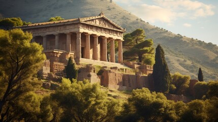Lush hillside Greek temple Doric columns detailed frieze work - obrazy, fototapety, plakaty