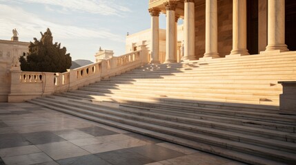 Obraz premium Golden twilight glow at Greek temple shadows over marble steps