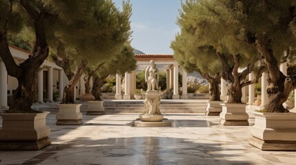 Greek temple's tranquil courtyard deity statues flowering olives - obrazy, fototapety, plakaty