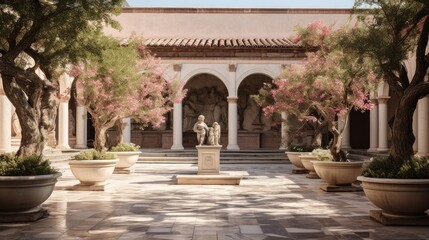 Obraz premium Courtyard of Greek temple mythological figures olive tree blooms