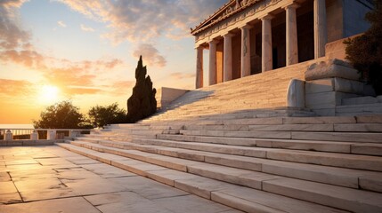 Greek temple in twilight bathed in gold shadows stretch on steps - obrazy, fototapety, plakaty