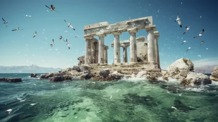 Fotobehang Greek temple ruins by sea Ionic columns in clear waters seagulls © javier
